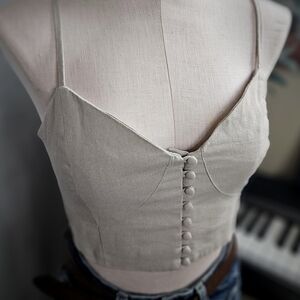 Linen Blend | Cropped Tank Bustier | Tan | Fitted | Size Small